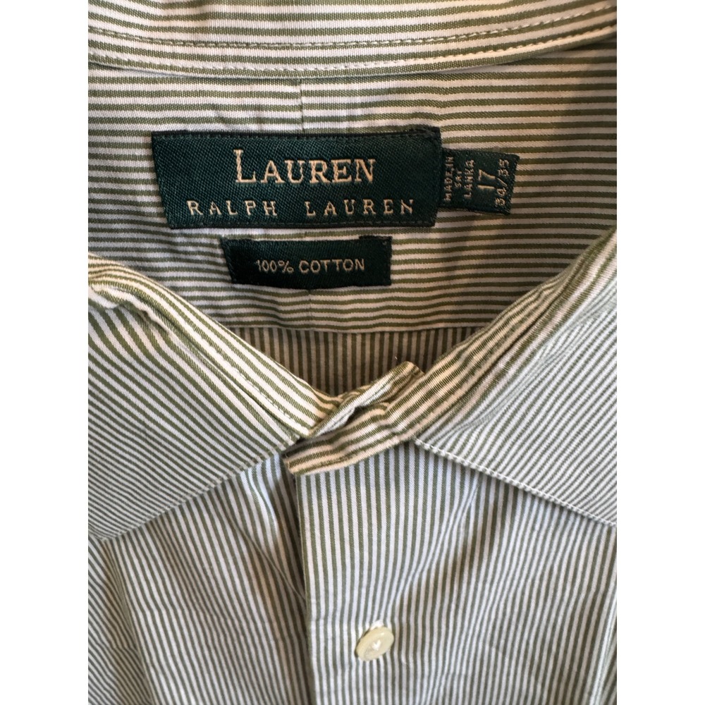 Lauren Ralph Lauren Mens Green White Striped Button Down Shirt 17 34/35 Cotton